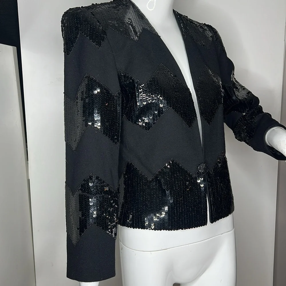 Nolan Miller Sz 6 Black Wool and Black Sequins Blazer Jacket